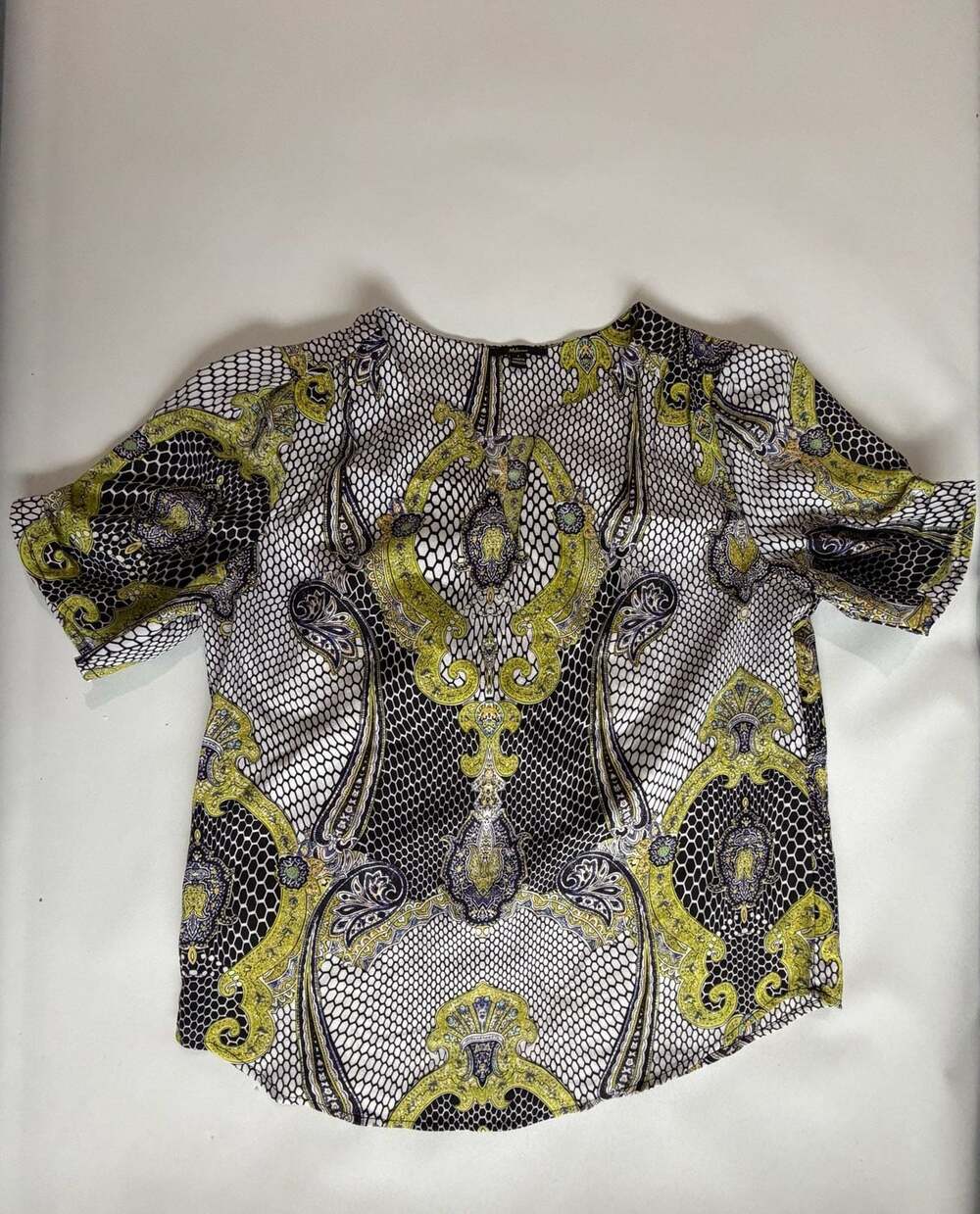 Milano Size S Black Yellow Geometric Print Short Sleeve Blouse